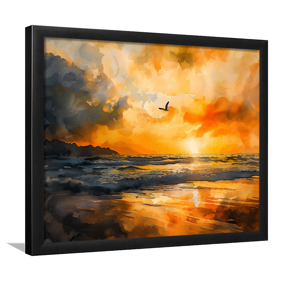 Beach Sunrise With A Bird Fly On The Sky V1, Framed Art Print Wall Decor, Framed Picture