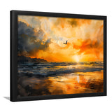 Beach Sunrise With A Bird Fly On The Sky V1, Framed Art Print Wall Decor, Framed Picture