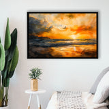 Beach Sunrise With A Bird Fly On The Sky V1, Framed Canvas Painting, Framed Canvas Prints Wall Art Decor
