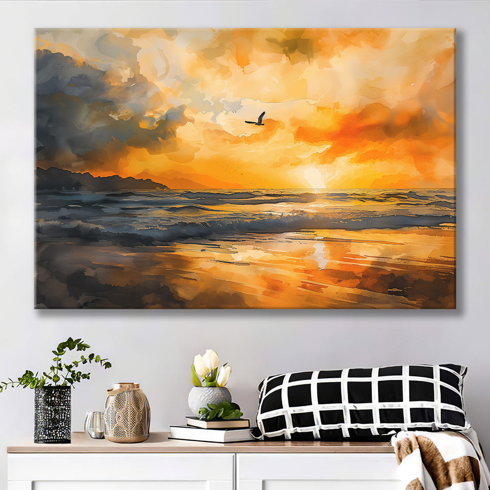Beach Sunrise With A Bird Fly On The Sky Orange And V1, Canvas Painting, Canvas Prints Wall Art Decor