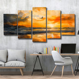 Beach Sunrise With A Bird Fly On The Sky V1, 5 Panels Mixed Large Canvas, Canvas Prints Wall Art Decor