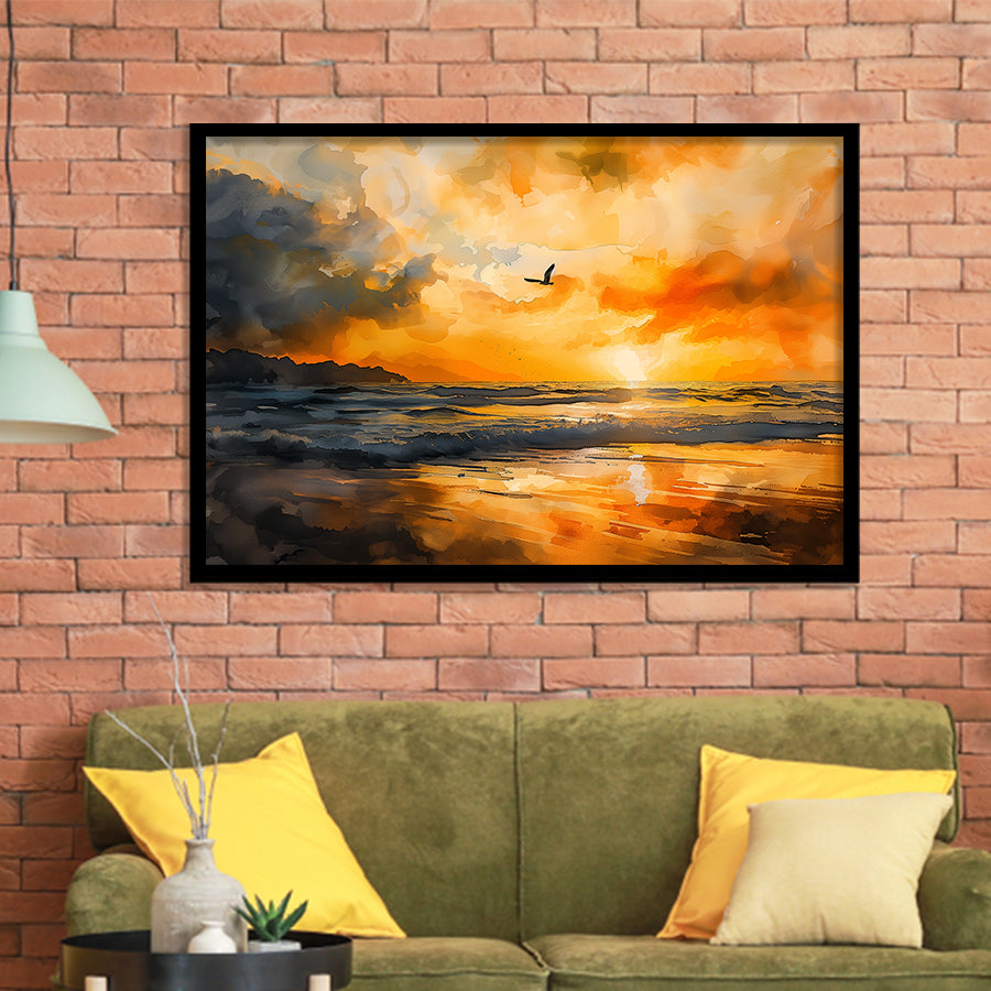 Beach Sunrise With A Bird Fly On The Sky V1, Framed Art Print Wall Decor, Framed Picture