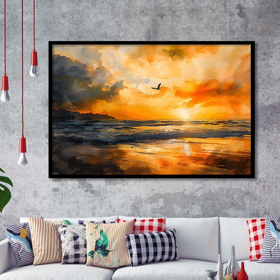 Beach Sunrise With A Bird Fly On The Sky V1, Framed Art Print Wall Decor, Framed Picture