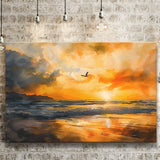 Beach Sunrise With A Bird Fly On The Sky Orange And V1, Canvas Painting, Canvas Prints Wall Art Decor