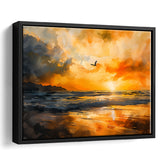 Beach Sunrise With A Bird Fly On The Sky V1, Framed Canvas Painting, Framed Canvas Prints Wall Art Decor