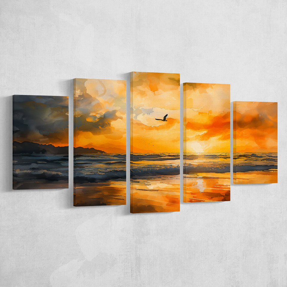 Beach Sunrise With A Bird Fly On The Sky V1, 5 Panels Mixed Large Canvas, Canvas Prints Wall Art Decor