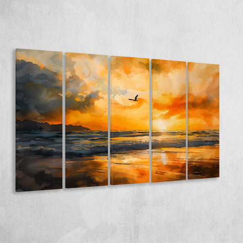 Beach Sunrise With A Bird Fly On The Sky V1, 5 Panels Extra Large Canvas, Canvas Prints Wall Art Decor