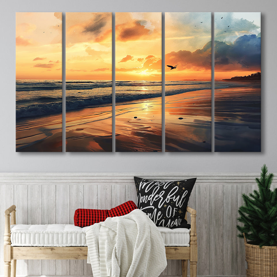 Beach Sunrise With A Bird Fly On The Sky V2, 5 Panels Extra Large Canvas, Canvas Prints Wall Art Decor