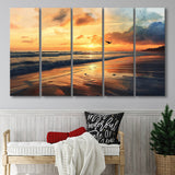 Beach Sunrise With A Bird Fly On The Sky V2, 5 Panels Extra Large Canvas, Canvas Prints Wall Art Decor