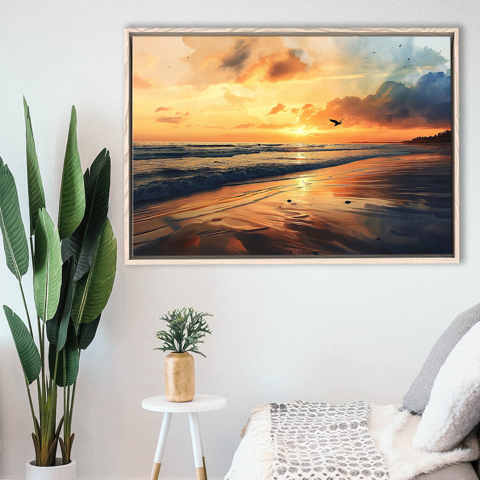 Beach Sunrise With A Bird Fly On The Sky V2, Framed Canvas Painting, Framed Canvas Prints Wall Art Decor