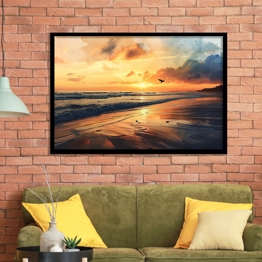 Beach Sunrise With A Bird Fly On The Sky V2, Framed Art Print Wall Decor, Framed Picture