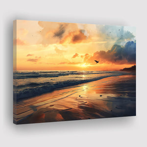 Beach Sunrise With A Bird Fly On The Sky V2, Canvas Painting, Canvas Prints Wall Art Decor