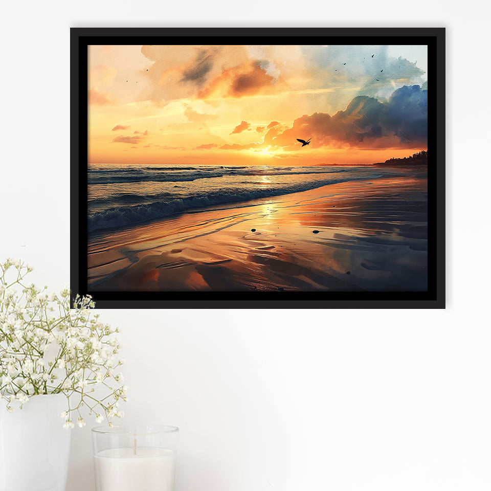 Beach Sunrise With A Bird Fly On The Sky V2, Framed Canvas Painting, Framed Canvas Prints Wall Art Decor