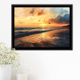Beach Sunrise With A Bird Fly On The Sky V2, Framed Canvas Painting, Framed Canvas Prints Wall Art Decor