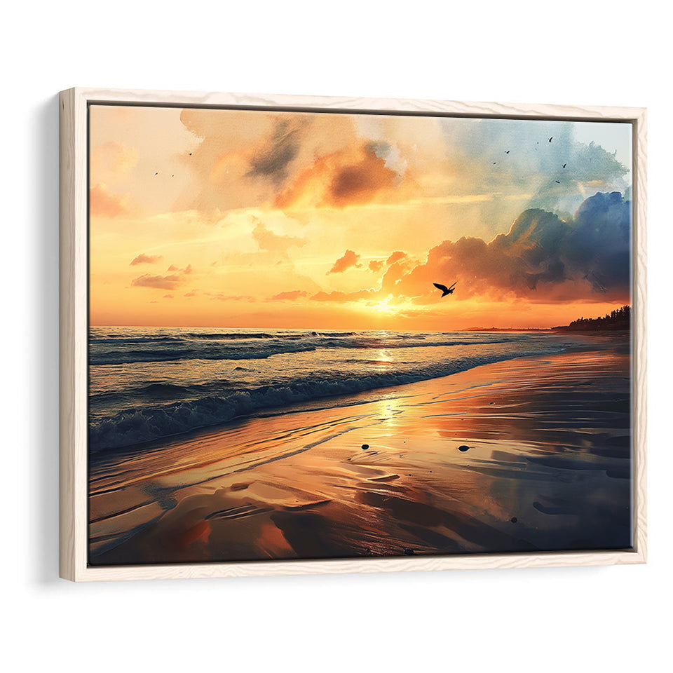 Beach Sunrise With A Bird Fly On The Sky V2, Framed Canvas Painting, Framed Canvas Prints Wall Art Decor