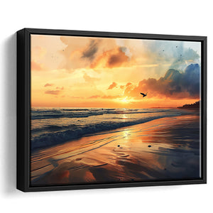 Beach Sunrise With A Bird Fly On The Sky V2, Framed Canvas Painting, Framed Canvas Prints Wall Art Decor