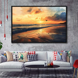 Beach Sunrise With A Bird Fly On The Sky V2, Framed Canvas Painting, Framed Canvas Prints Wall Art Decor