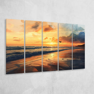 Beach Sunrise With A Bird Fly On The Sky V2, 5 Panels Extra Large Canvas, Canvas Prints Wall Art Decor