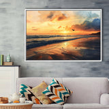 Beach Sunrise With A Bird Fly On The Sky V2, Framed Canvas Painting, Framed Canvas Prints Wall Art Decor