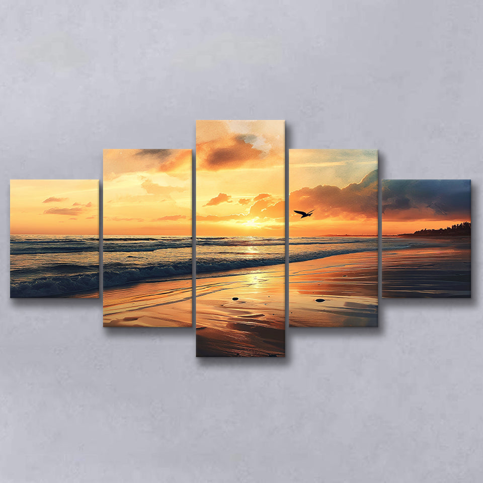 Beach Sunrise With A Bird Fly On The Sky V2, 5 Panels Mixed Large Canvas, Canvas Prints Wall Art Decor