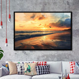 Beach Sunrise With A Bird Fly On The Sky V2, Framed Art Print Wall Decor, Framed Picture