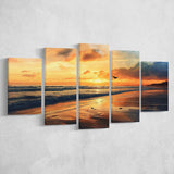 Beach Sunrise With A Bird Fly On The Sky V2, 5 Panels Mixed Large Canvas, Canvas Prints Wall Art Decor