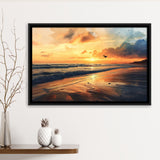 Beach Sunrise With A Bird Fly On The Sky V2, Framed Canvas Painting, Framed Canvas Prints Wall Art Decor