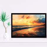 Beach Sunrise With A Bird Fly On The Sky V2, Framed Art Print Wall Decor, Framed Picture