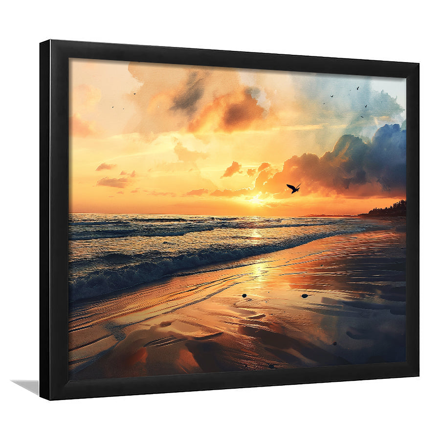 Beach Sunrise With A Bird Fly On The Sky V2, Framed Art Print Wall Decor, Framed Picture