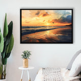 Beach Sunrise With A Bird Fly On The Sky V2, Framed Canvas Painting, Framed Canvas Prints Wall Art Decor
