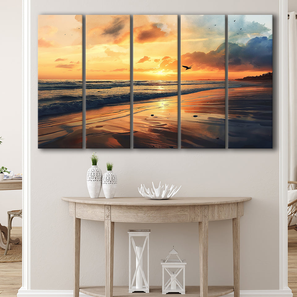 Beach Sunrise With A Bird Fly On The Sky V2, 5 Panels Extra Large Canvas, Canvas Prints Wall Art Decor