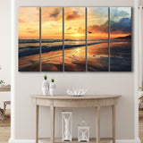 Beach Sunrise With A Bird Fly On The Sky V2, 5 Panels Extra Large Canvas, Canvas Prints Wall Art Decor