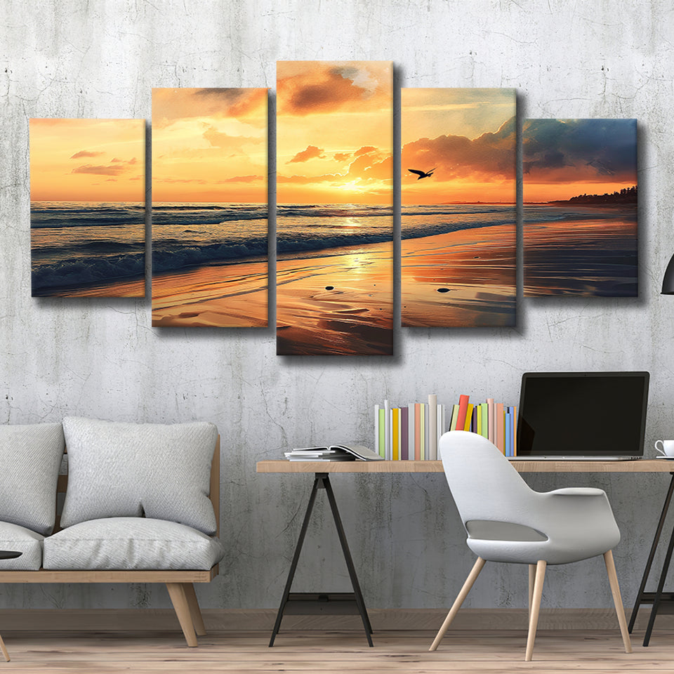 Beach Sunrise With A Bird Fly On The Sky V2, 5 Panels Mixed Large Canvas, Canvas Prints Wall Art Decor