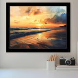 Beach Sunrise With A Bird Fly On The Sky V2, Framed Art Print Wall Decor, Framed Picture