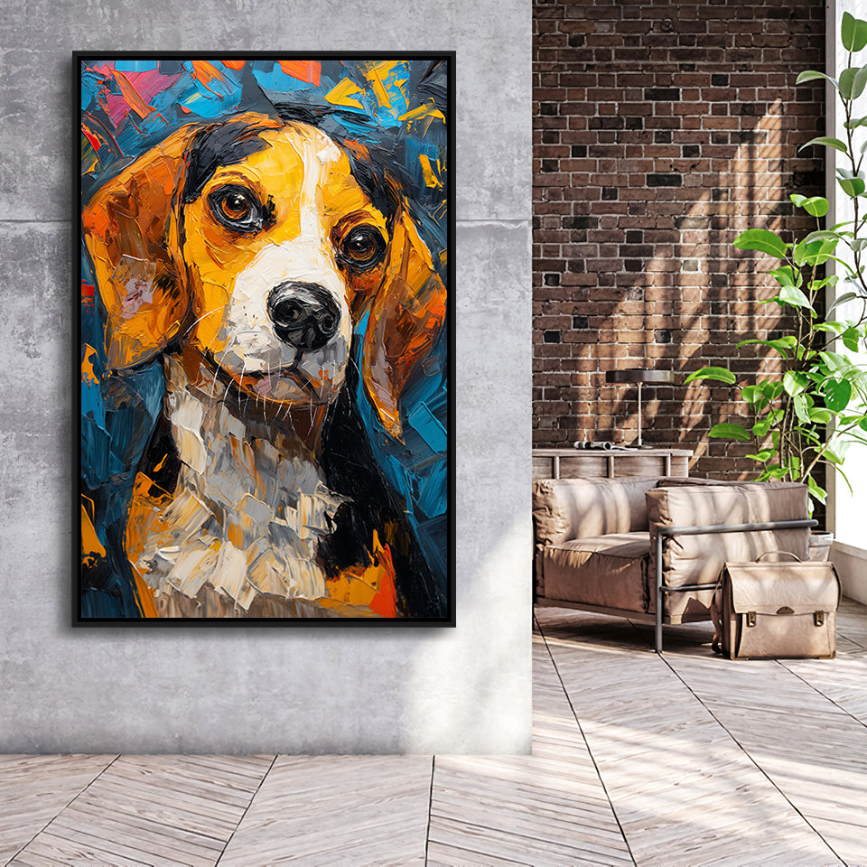 Beagles Cute Dog Portrait Oil Painting V1, Framed Canvas Prints Wall Art Decor, Floating Frame