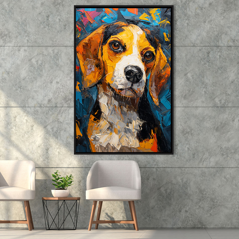 Beagles Cute Dog Portrait Oil Painting V1, Framed Canvas Prints Wall Art Decor, Floating Frame