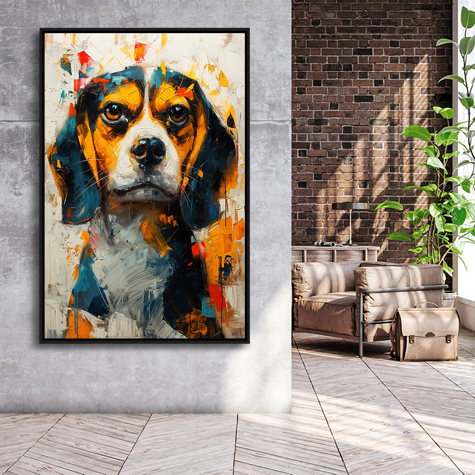 Beagles Cute Dog Portrait Oil Painting, Pet Lover Art, Framed Canvas Prints Wall Art Decor, Floating Frame