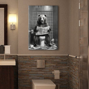 Bear Print Canvas Prints Wall Art, Funny Bathroom Decor, Bear in Toilet