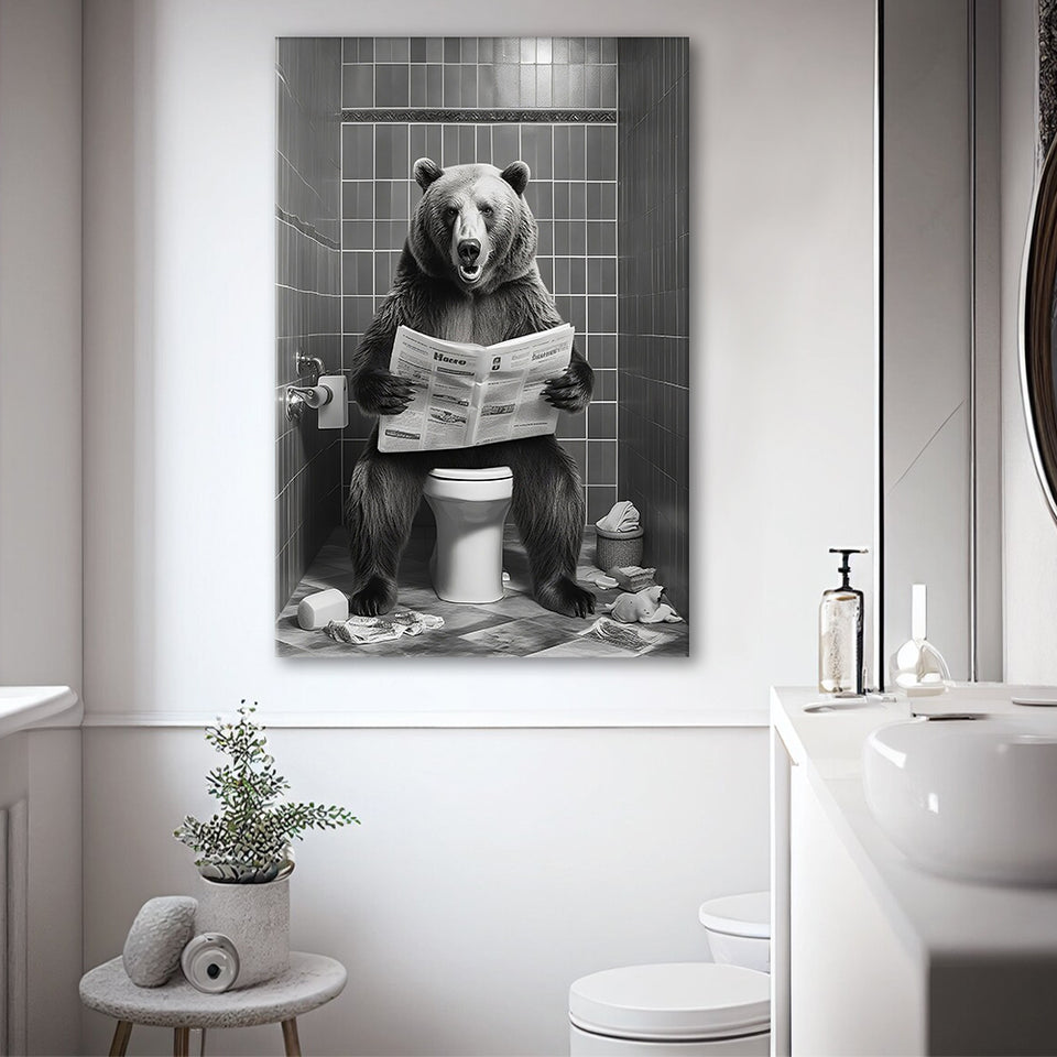 Bear Print Canvas Prints Wall Art, Funny Bathroom Decor, Bear in Toilet