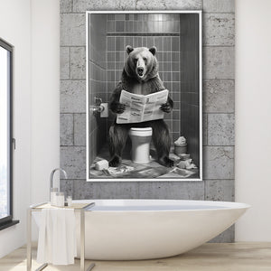 Bear Print Framed Canvas Prints Wall Art, Funny Bathroom Decor, Bear In Toilet
