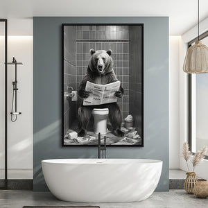 Bear Print Framed Canvas Prints Wall Art, Funny Bathroom Decor, Bear In Toilet