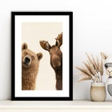 Bear And Moose Funny Surprise Painting Art, Animal Wall Art, Framed Art Print White Border