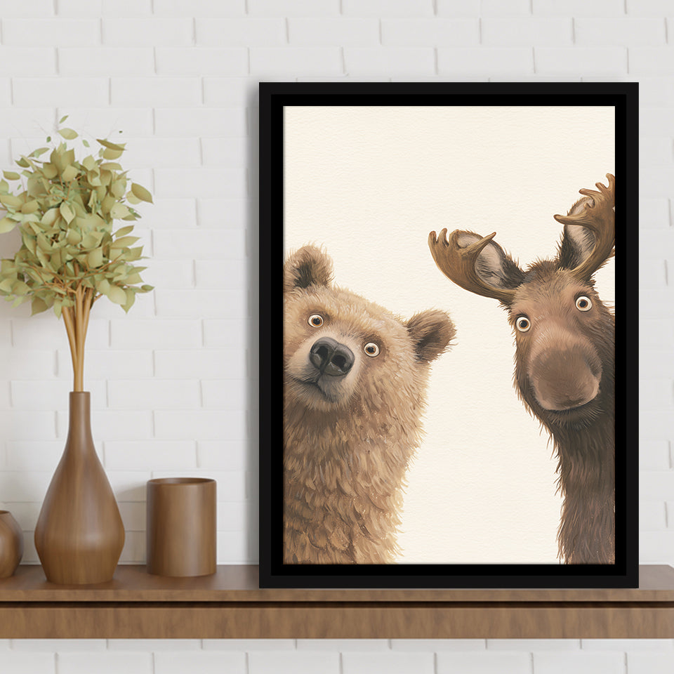 Bear And Moose Funny Surprise Painting Art, Animal Wall Art, Framed Canvas Print, Floating Frame