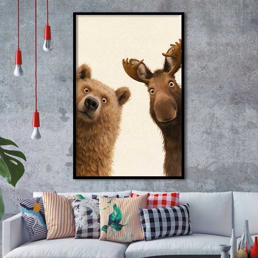 Bear And Moose Funny Surprise Painting Art, Animal Wall Art, Framed Art Print, Fine Art Wall Decor