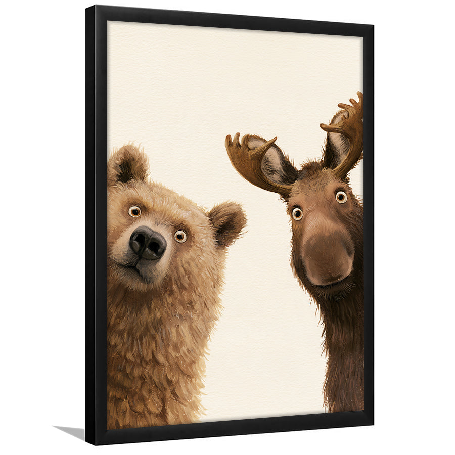 Bear And Moose Funny Surprise Painting Art, Animal Wall Art, Framed Art Print, Fine Art Wall Decor