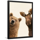 Bear And Moose Funny Surprise Painting Art, Animal Wall Art, Framed Art Print, Fine Art Wall Decor
