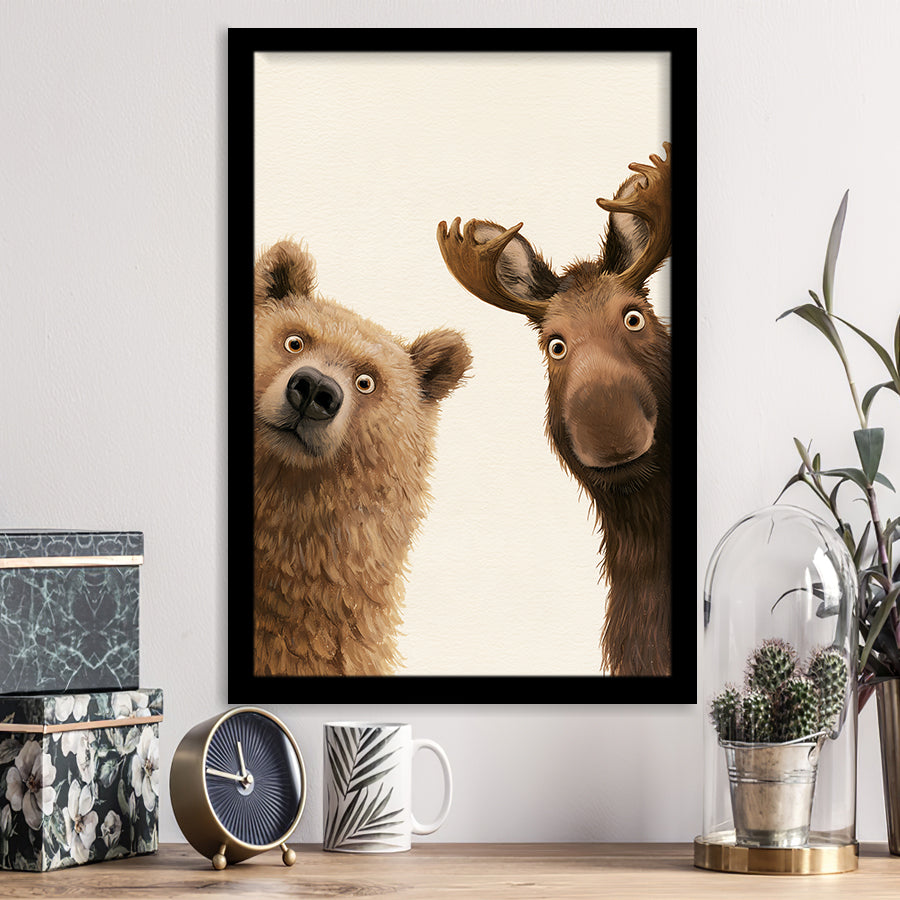 Bear And Moose Funny Surprise Painting Art, Animal Wall Art, Framed Art Print, Fine Art Wall Decor