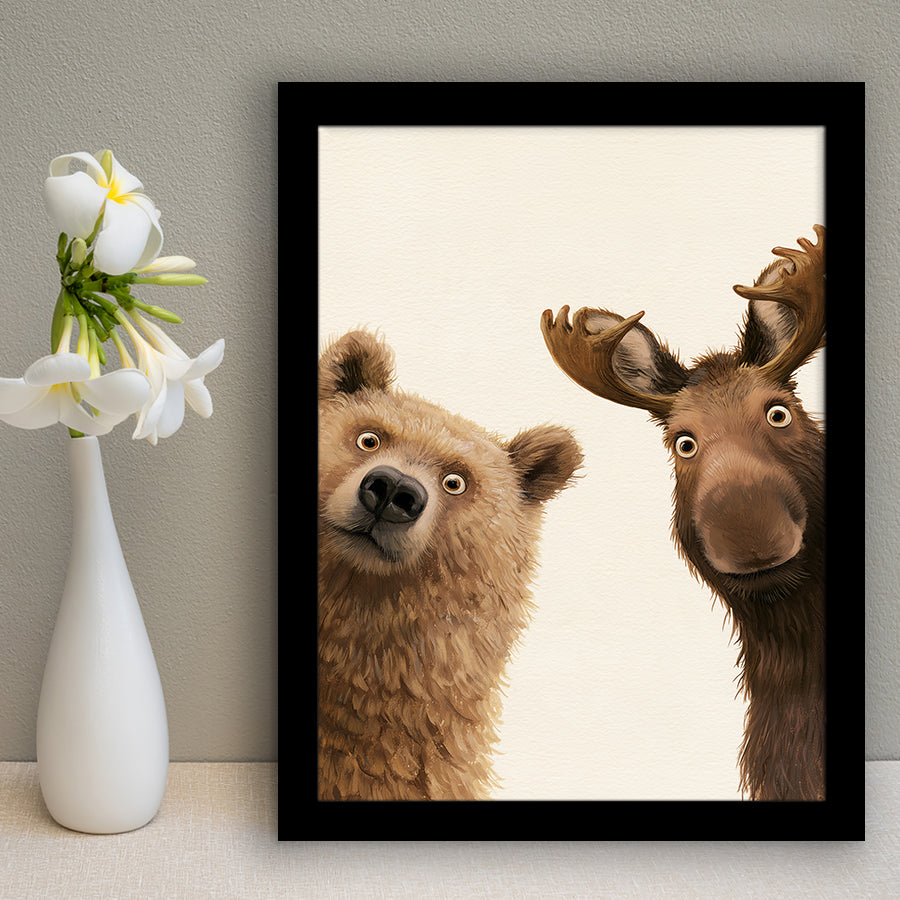 Bear And Moose Funny Surprise Painting Art, Animal Wall Art, Framed Art Print, Fine Art Wall Decor