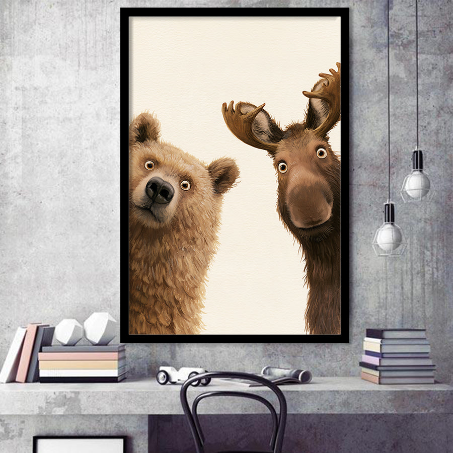 Bear And Moose Funny Surprise Painting Art, Animal Wall Art, Framed Art Print, Fine Art Wall Decor