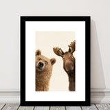 Bear And Moose Funny Surprise Painting Art, Animal Wall Art, Framed Art Print White Border